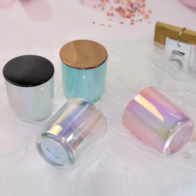 Free Sample Luxury Cylinder 8oz 220ml Iridescent Colorful Clear Glass Candle Jars With Wooden Lid