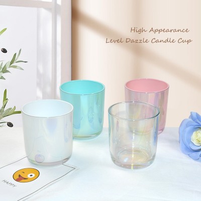Free Sample Luxury Cylinder 8oz 220ml Iridescent Colorful Clear Glass Candle Jars With Wooden Lid