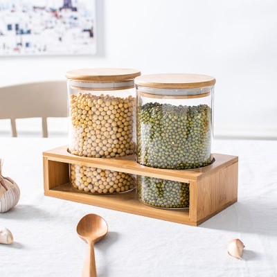 High Borosilicate Glass Storage Jar Bottle With Wood Lid Kitchen Food Container