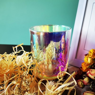 Wholesale 12oz Wooden Wick  Iridescent Plating Glass Creative Luxury Candle Jars Brush Aura Clear Rainbow Iridescent Candle Jar