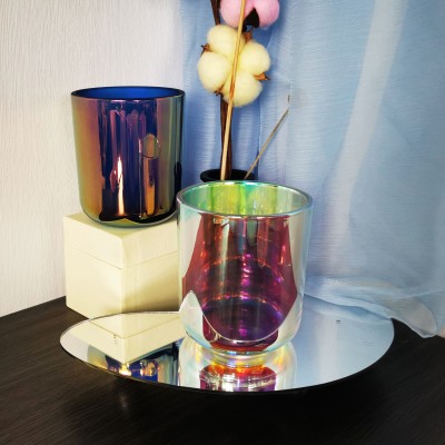 Luxury 16oz Big Size Iridescent Candle Jars  for Candle Custom Glass Candle Holder With Wood Lid