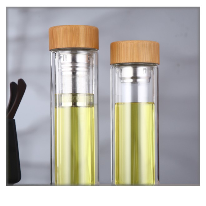 Double Wall Insulated Premium 7003 High Borosilicate Glass Tea Infuser Fruit Water Bottle With Leak Proof Lid