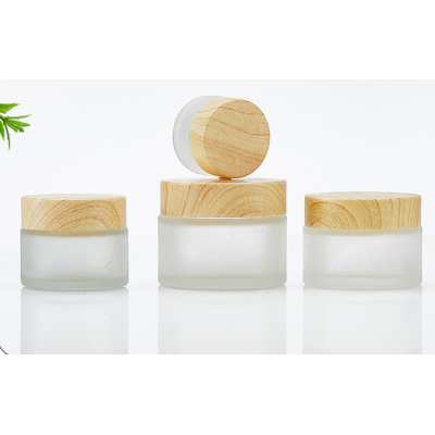 Best Selling Translucent Frosted Cosmetic Glass with Bamboo Wooden Plastic Lid 15g 30g 50g 100g Cover Inner White 1pcs