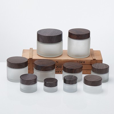 Best Selling Translucent Frosted Cosmetic Glass with Bamboo Wooden Plastic Lid 15g 30g 50g 100g Cover Inner White 1pcs
