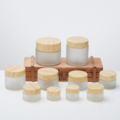 Best Selling Translucent Frosted Cosmetic Glass with Bamboo Wooden Plastic Lid 15g 30g 50g 100g Cover Inner White 1pcs