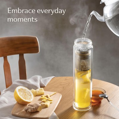 Double Wall Insulated Premium 7003 High Borosilicate Glass Tea Infuser Fruit Water Bottle With Leak Proof Lid