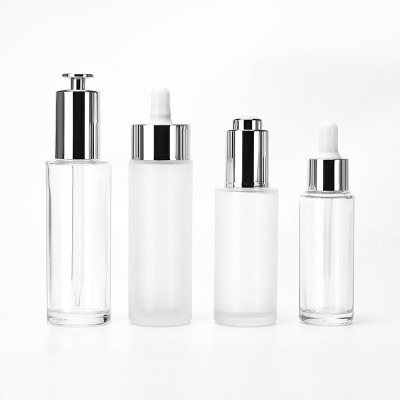 Luxury 1oz Amber Frosted 30ml Essential Oil Flat Shoulder Serums Glass Dropper Bottle with Aluminum Lid