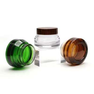 1oz 15g 30g 50g 100g Cosmetic Empty Around Shape White Green Amber Glass Cream Jar Face Cream Container With Black Lid