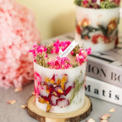 Romantic Rose Dried Flowers Cylinder Aromatherapy Luxury Soy Wax Scented Candle with Dry Flower