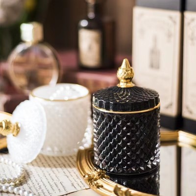 Modern Luxury Empty White Embossed Crystal  Glass Candle Jars Candle Containers Vessel With Lid for Candle Making