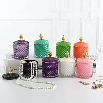 Modern Luxury Empty White Embossed Crystal  Glass Candle Jars Candle Containers Vessel With Lid for Candle Making