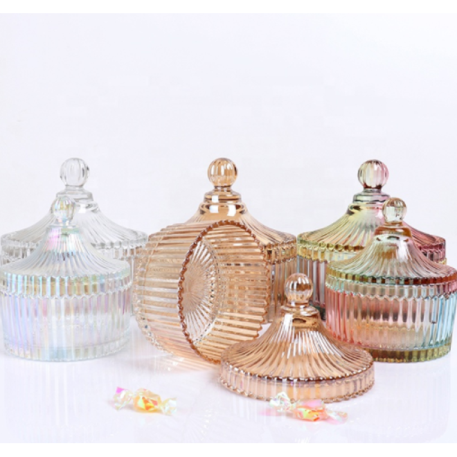 Wholesale Castle Mongolian Crystal Glass Candy Jar With Diamond Top Glass Geo Cut Candle Jars With Box Candle Container