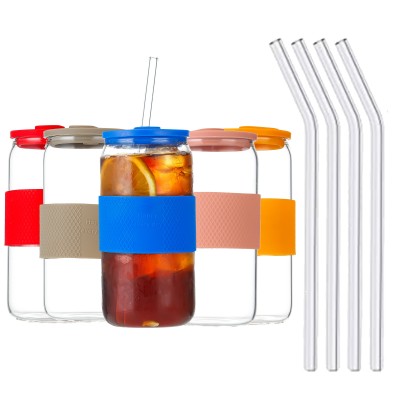 Glass Cups With Bamboo Lids and Straws 4pcs Set 16oz Wide Mouth Drinking Mason Glass Tumbler Reusable Beer Cans With 2 Brushes