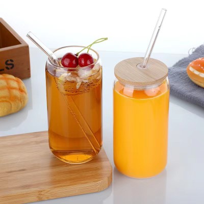 Glass Cups With Bamboo Lids and Straws 4pcs Set 16oz Wide Mouth Drinking Mason Glass Tumbler Reusable Beer Cans With 2 Brushes