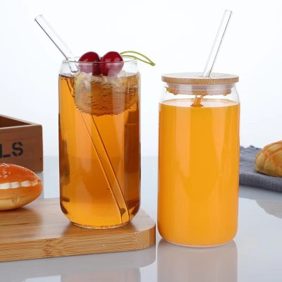 Glass Cups With Bamboo Lids and Straws 4pcs Set 16oz Wide Mouth Drinking Mason Glass Tumbler Reusable Beer Cans With 2 Brushes