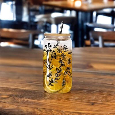 4 Pcs Iced Coffee Cup with Bamboo Lid and Straw 16 oz Flower Beer Can Butterfly Summer Can Shaped Glasses Cup