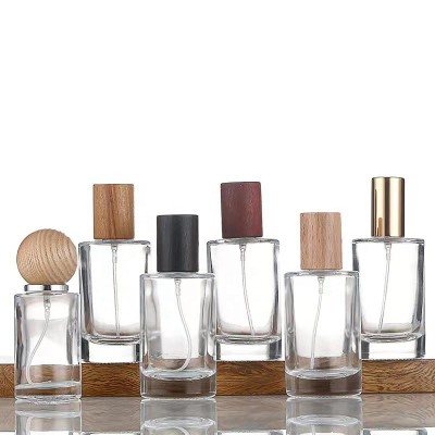 Custom logo clear Parfum Bottle 50ml with Wood Round Wooden Cap for Perfume Glass Bottle Cap Cover Lid