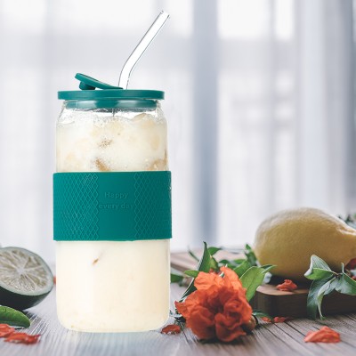 Glass Cups With Bamboo Lids and Straws 4pcs Set 16oz Wide Mouth Drinking Mason Glass Tumbler Reusable Beer Cans With 2 Brushes