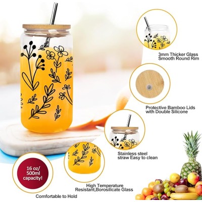 4 Pcs Iced Coffee Cup with Bamboo Lid and Straw 16 oz Flower Beer Can Butterfly Summer Can Shaped Glasses Cup