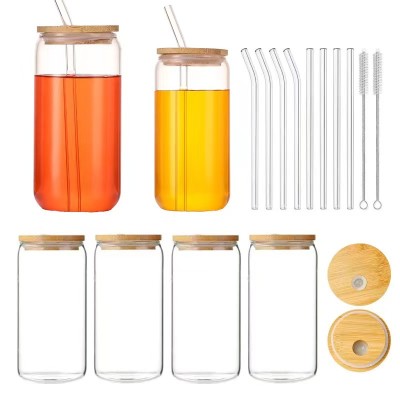 Sublimation Blank Glasses Mug Tumbler Cola Bottle Soda Shape 16oz Beer Glass Can With Lid and Straw