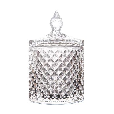 Modern Luxury Empty White Embossed Crystal  Glass Candle Jars Candle Containers Vessel With Lid for Candle Making