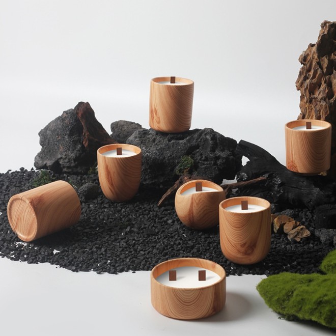 Custom Size Wood Grain Design Ceramic Empty Candle Container Vessels Jar for Scented Candle Making