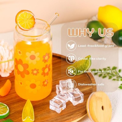 4 Pcs Iced Coffee Cup with Bamboo Lid and Straw 16 oz Flower Beer Can Butterfly Summer Can Shaped Glasses Cup