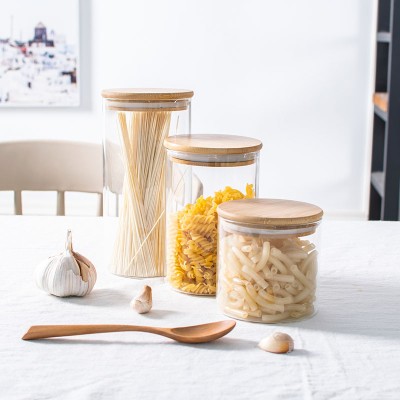 High Borosilicate Glass Storage Jar Bottle With Bamboo Wood Lid Glass Kitchen Food Container