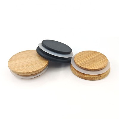 Black Round Jars Lid Bamboo Wood Seal Disc Cap Candle Can Covers With Silicone Sealing Ring